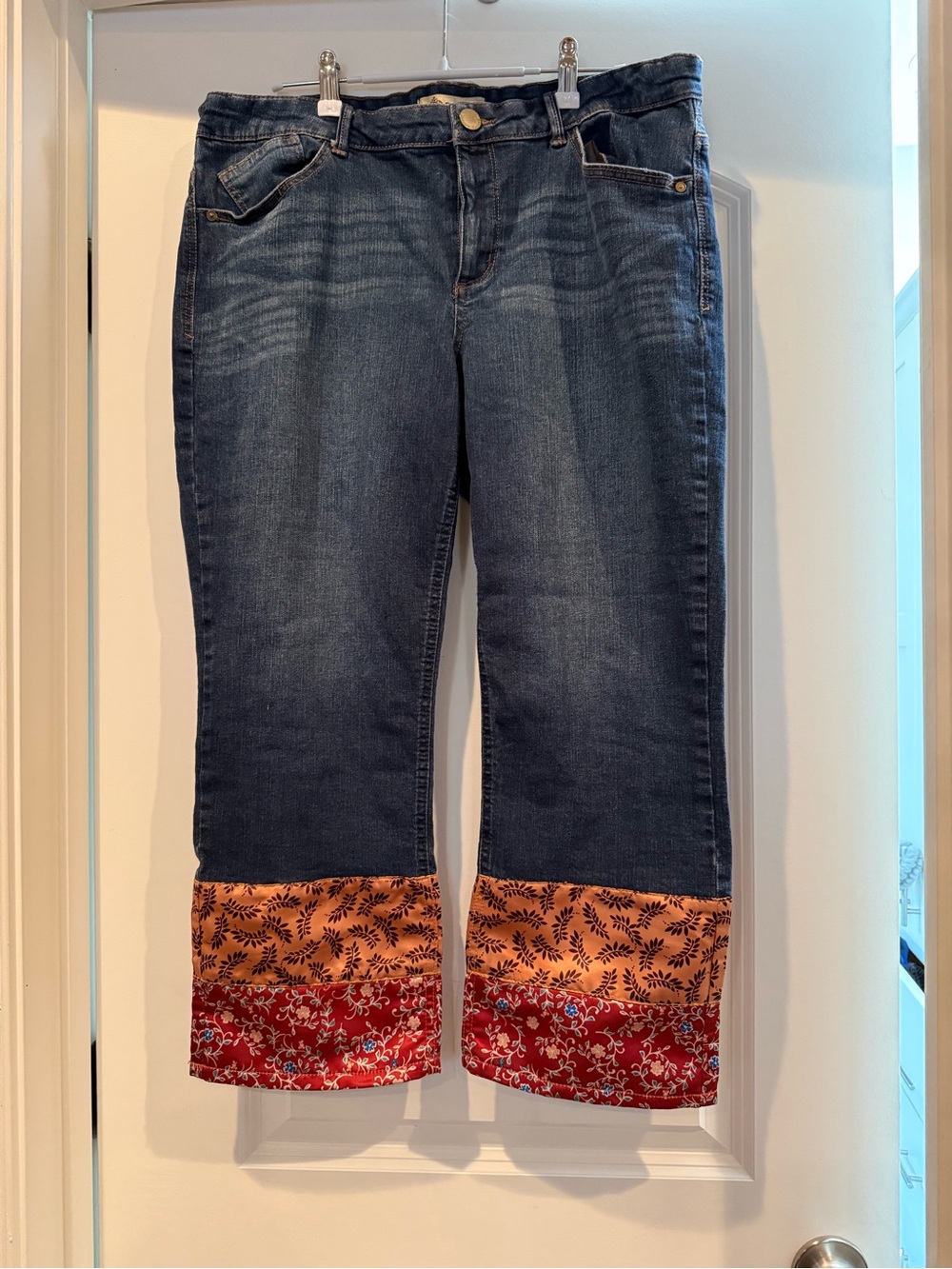 Democracy Dark Blue Cropped Jeans with Orange & Red Floral Cuffs